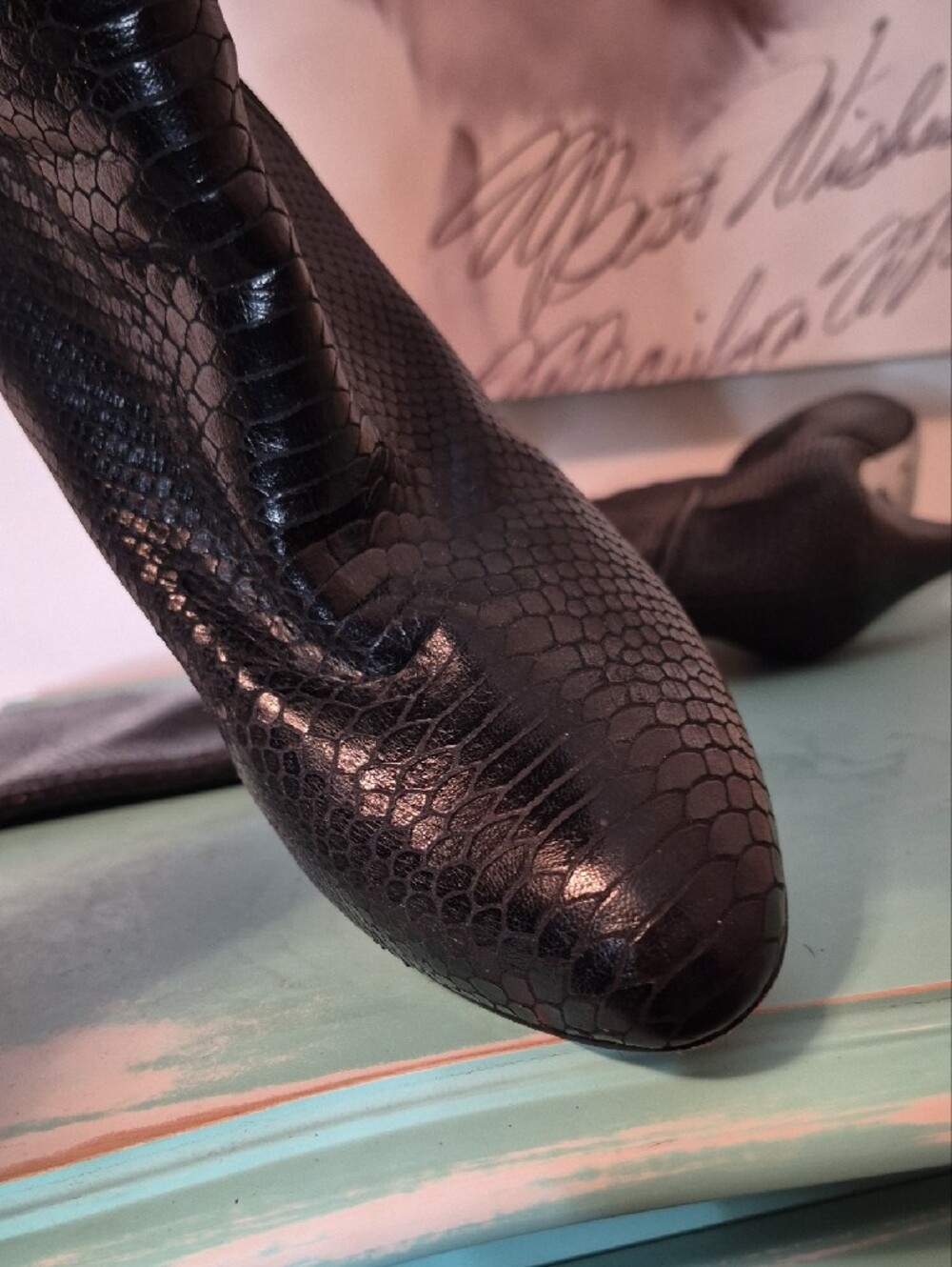 BCBG Maxazira All Leather Women's Black Snake-Texture Knee-High Stiletto Boots - Picture 7 of 7